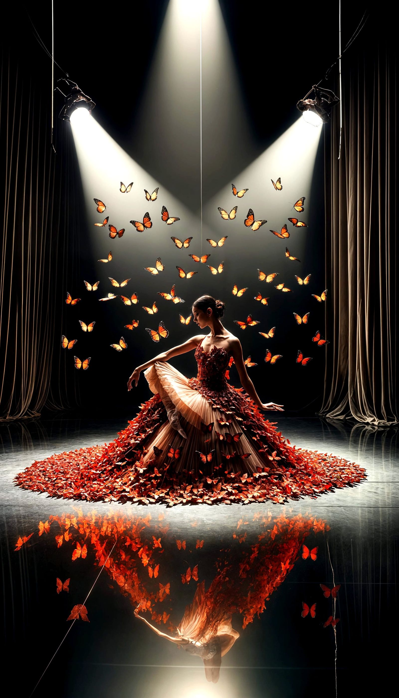 Elegant Ballerina Dances Amidst Whirling Butterflies in Thea...