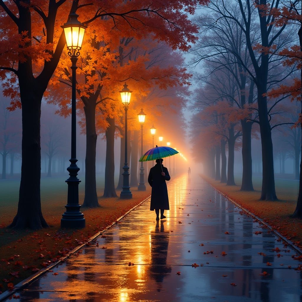 Rainy Park Path with Autumn Colors in Miyazaki Style