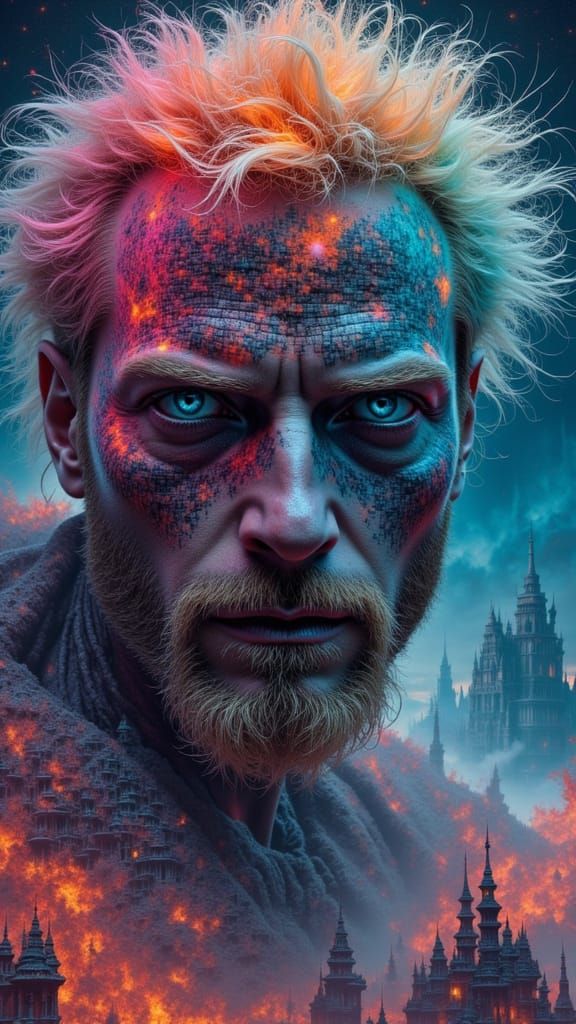 Surreal Elemental Kingdoms Intertwined with Cyborg Body