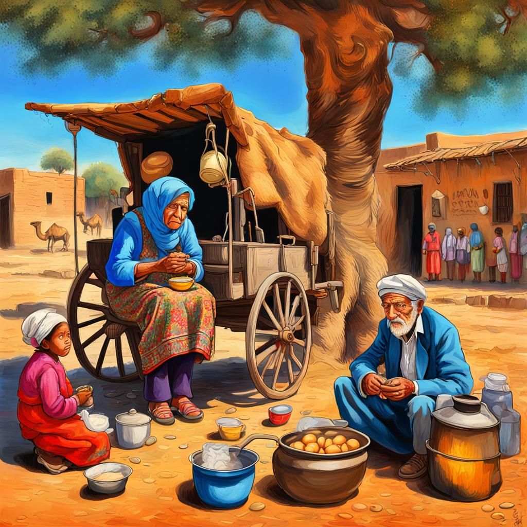 Colorful Rural Scene with Cooking Woman and Waiting Family