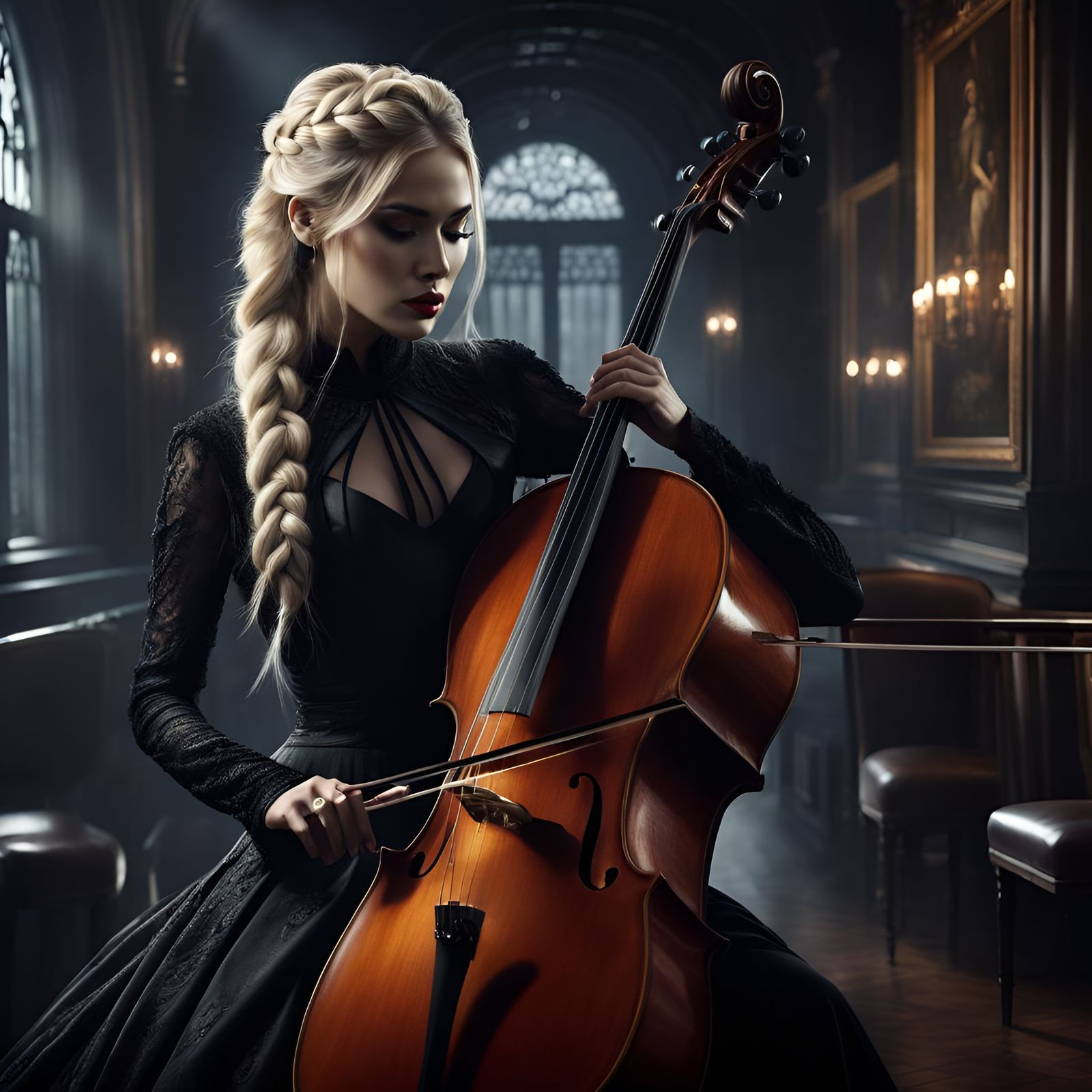 Gothic Blonde Cellist: Dramatic Digital Masterpiece