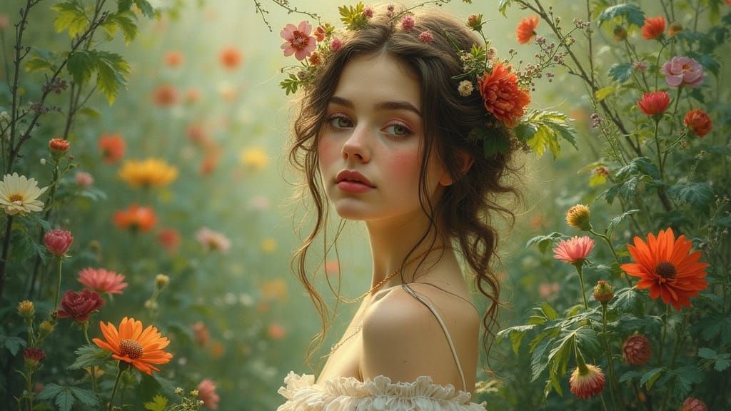 Spring Goddess in Whimsical Art Nouveau Style