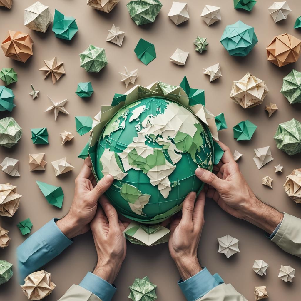 Hand Pushing Nature Globe in Origami Style