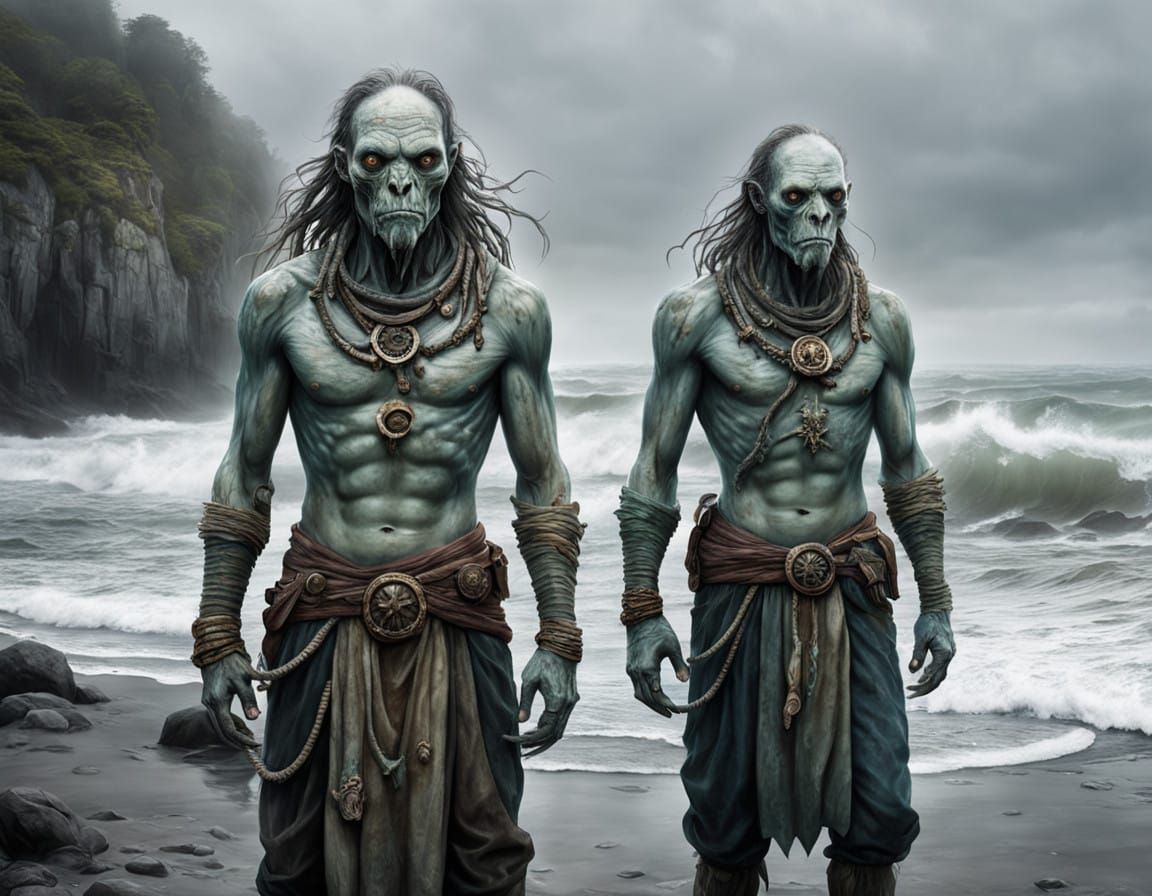 Glowing Aquatic Beings on a Foggy Shoreline