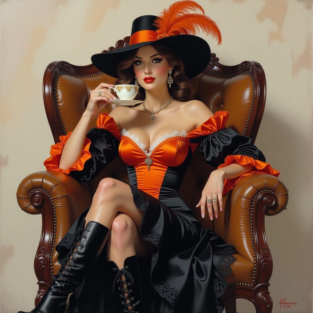 Elegant Woman Sipping Tea in Fantasy Oil Painting