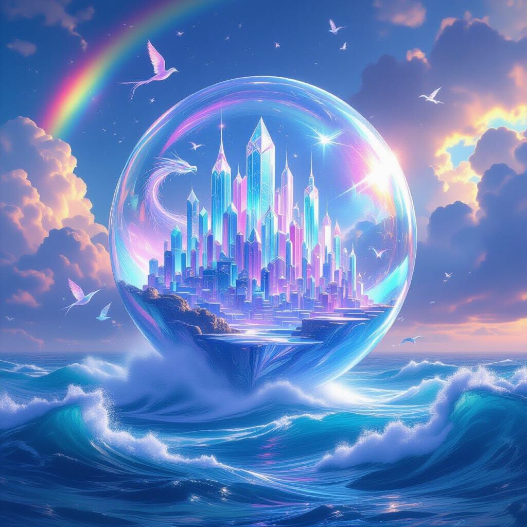 Crystal City in Bubble Above Ocean, Fantasy Art