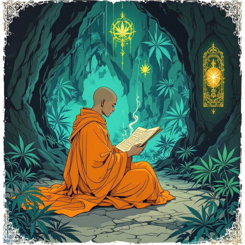 Monk Reads Scroll in Cavern with Glowing Leaves