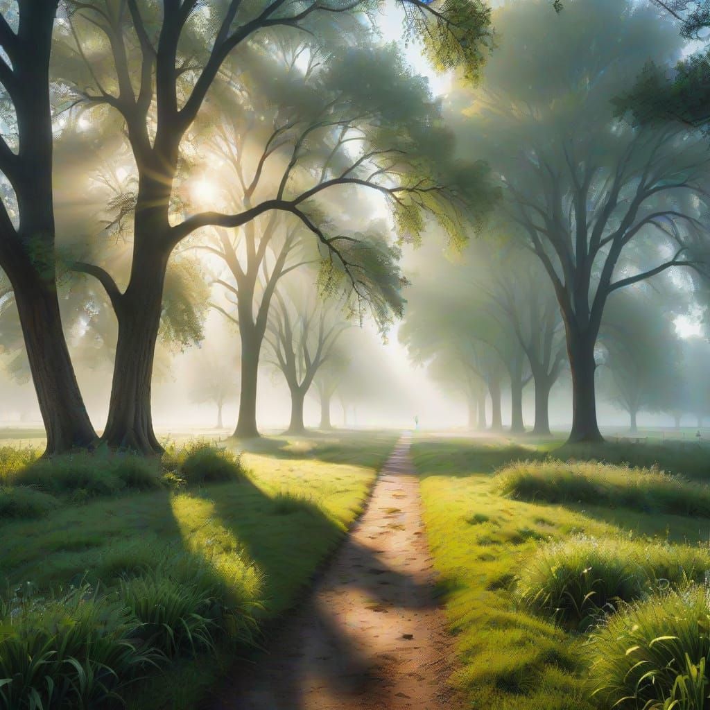 Misty Park Scene in Hyperrealistic Style