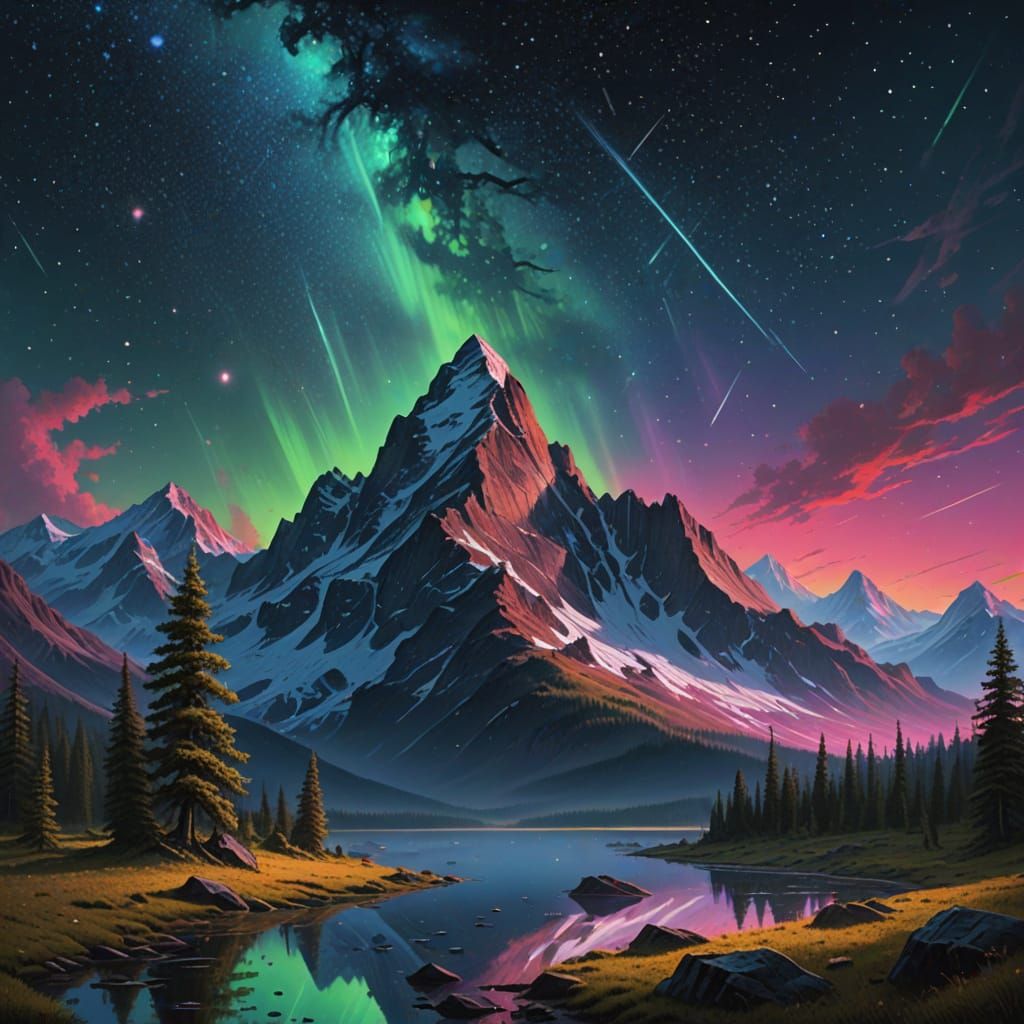 Mossy Peak Under Aurora in Painterly Style