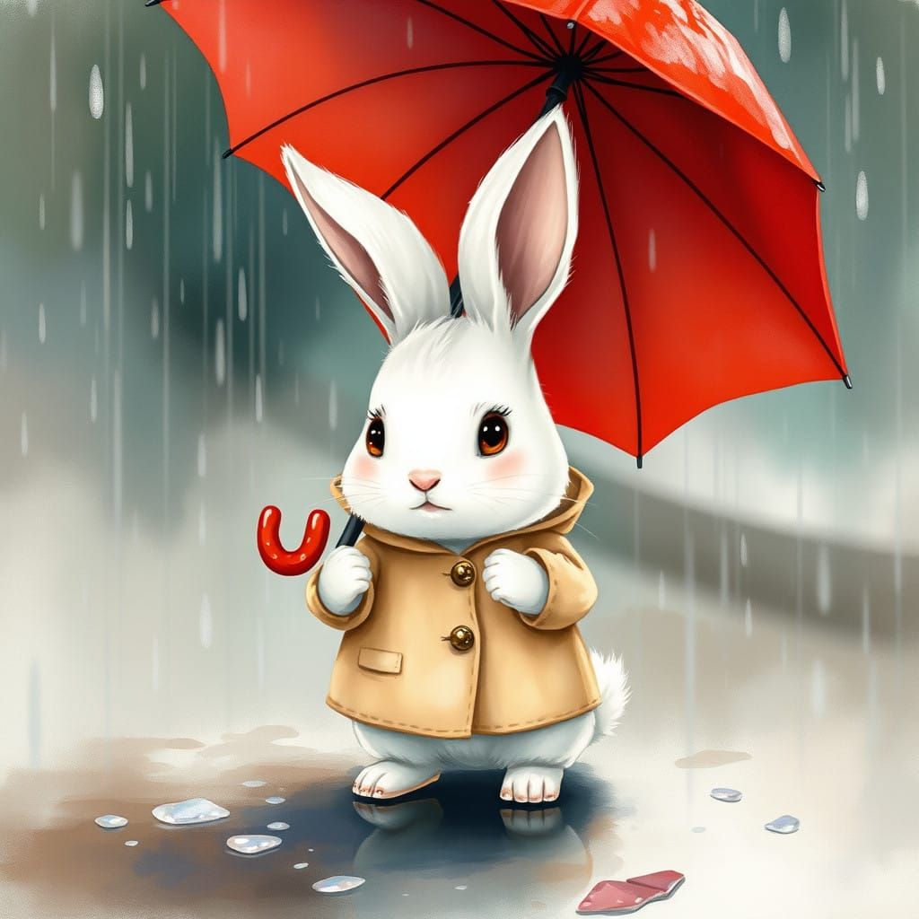 Rabbit Under Umbrella in Whimsical Illustration Style