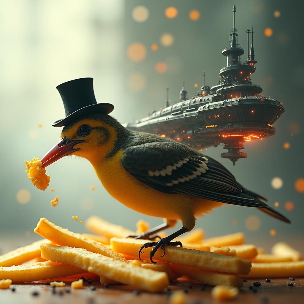 Intricate double exposure pictures. At the front a bird stealing a french fry at the back a second exposure of a planet ...