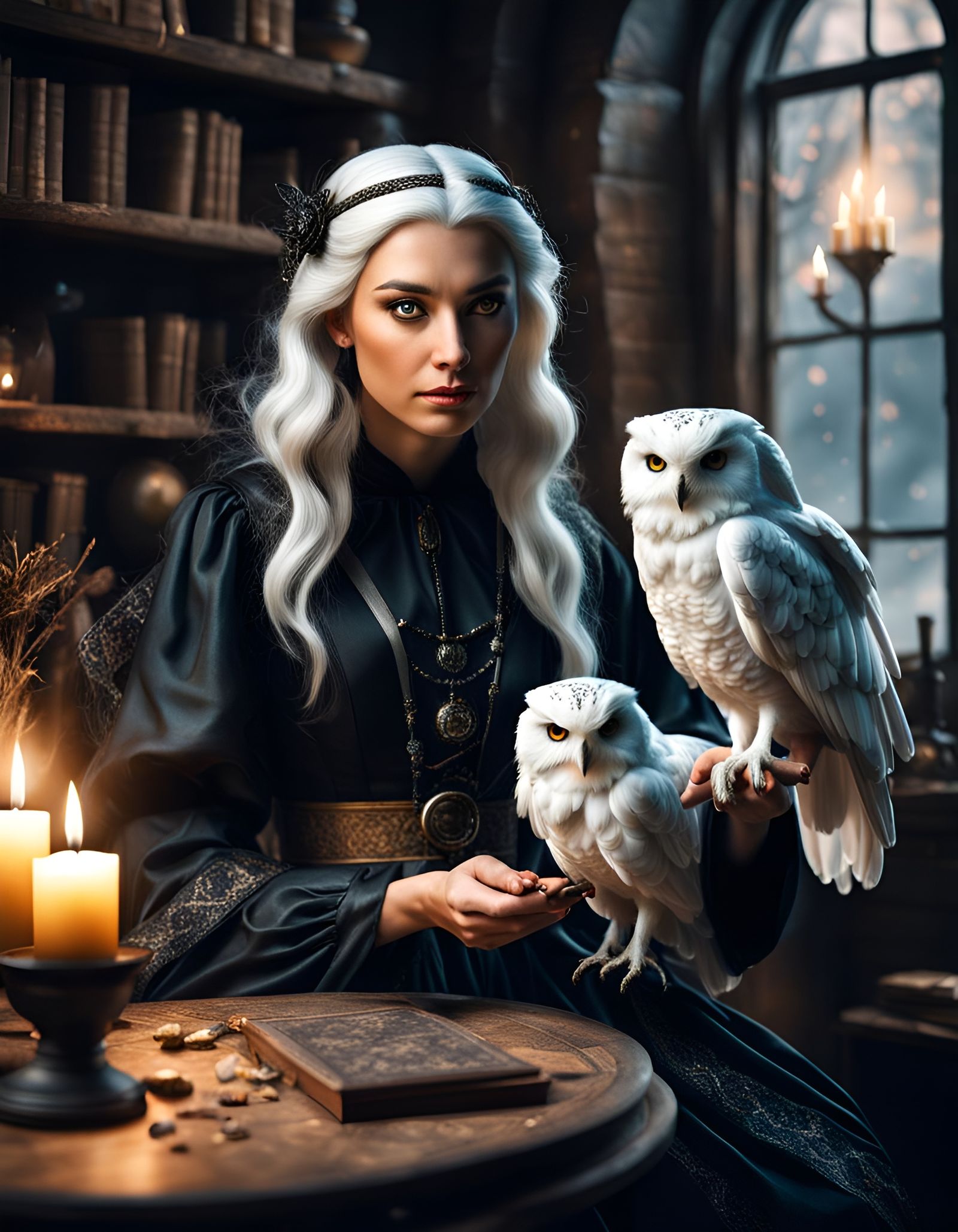 Young Witch Teaches Magic Watched by White Owl
