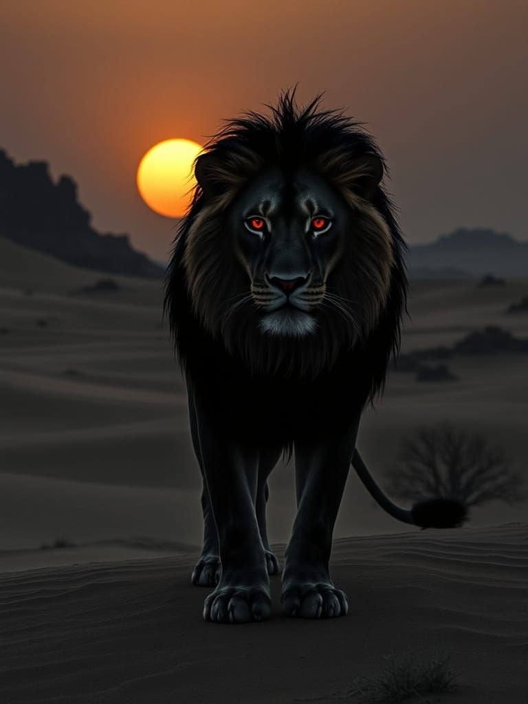 Duotone Lion Portrait in Barren Desert Landscape