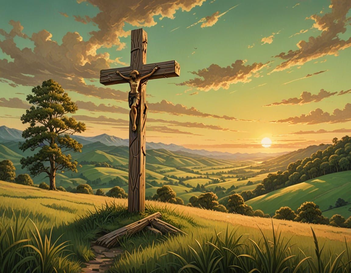 Rustic Wooden Cross in Golden Valley Sunset