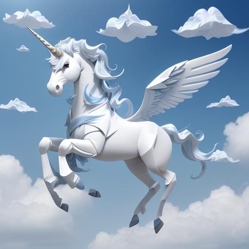 White Winged Unicorn Soaring in Origami Papercraft Style