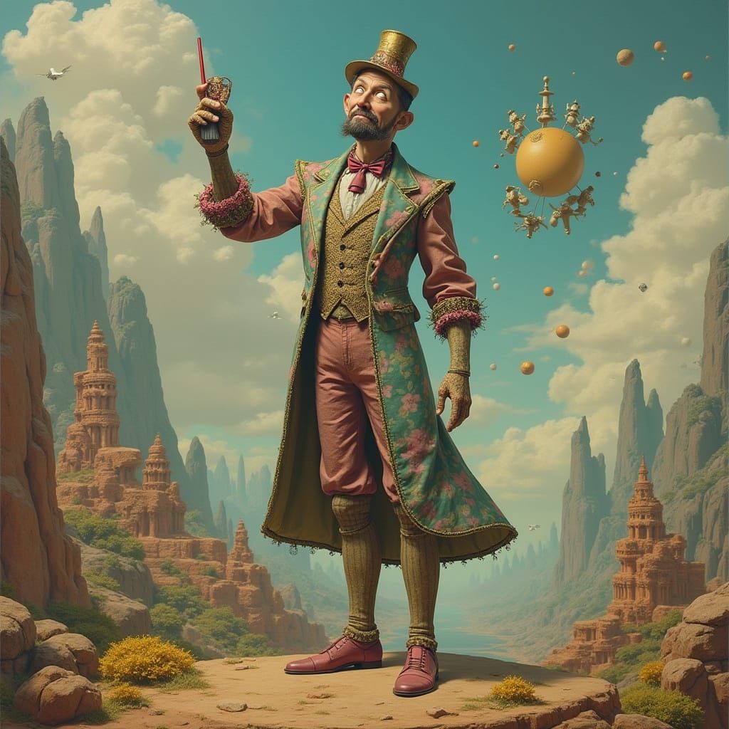 Whimsical Figure in Dreamlike Futuristic Landscape