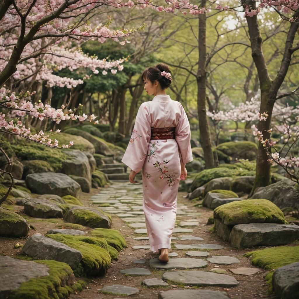 Tranquil Woman in Cherry Blossom Garden