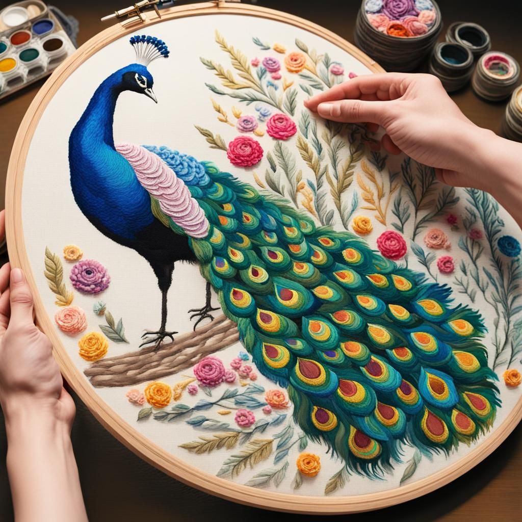 Peacock Embroidery in Gouache Style