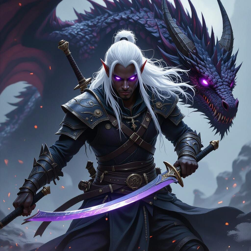 Ebony Elf Battles Dragon: Photorealistic Dark Fantasy