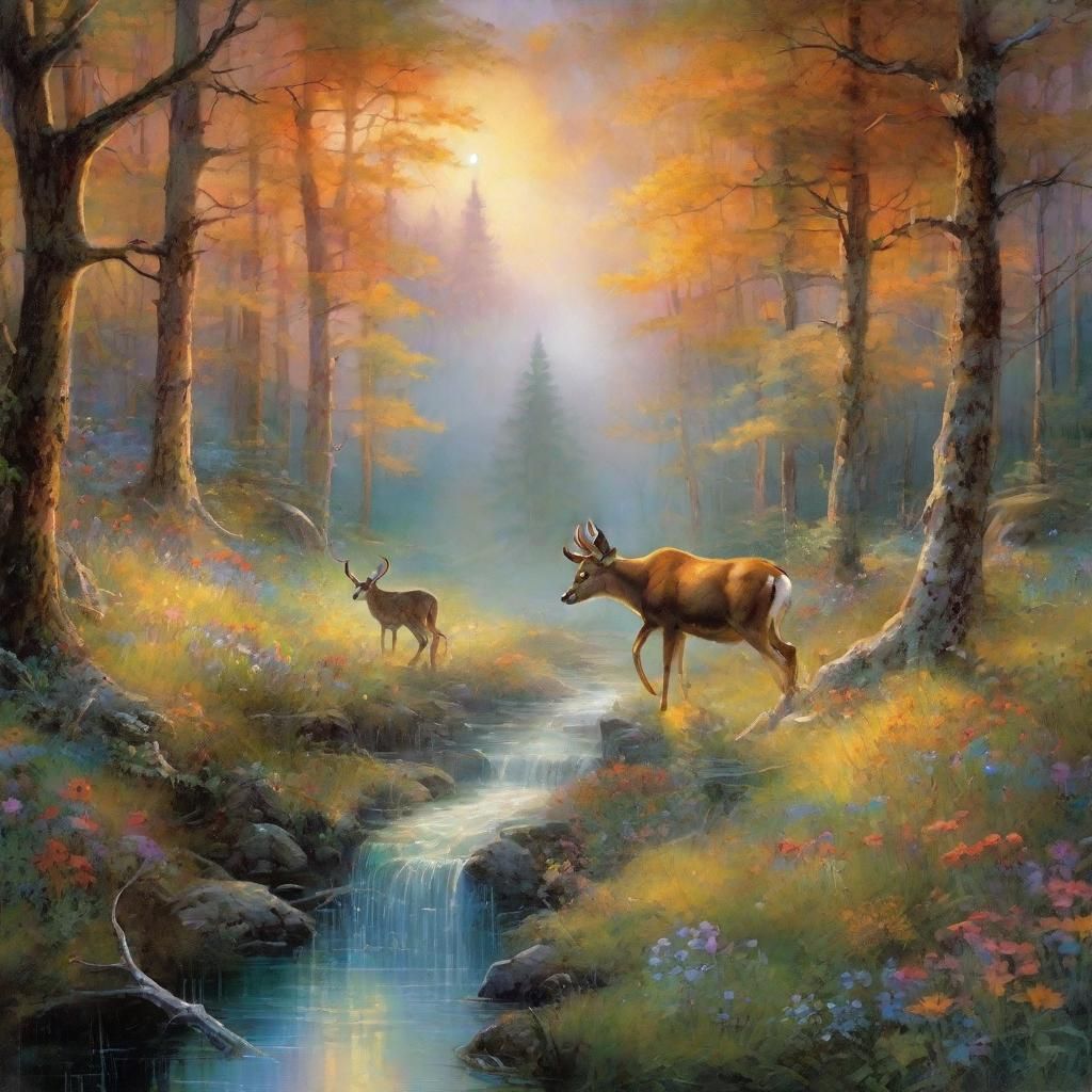 Enchanting Forest Landscape with Deer: Dreamy Bird's-Eye Vie...