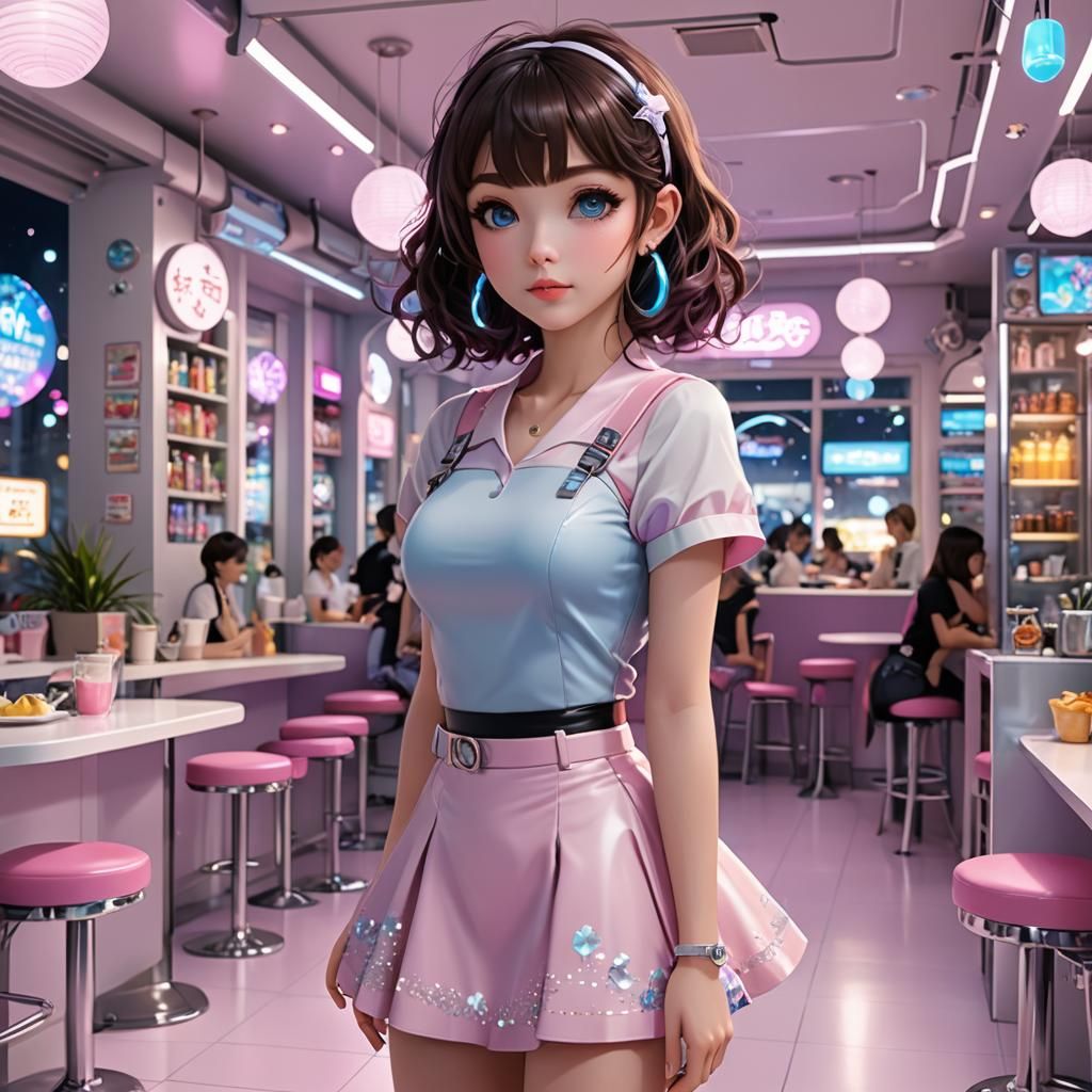 Anime Girl in Futuristic Japanese Cafe