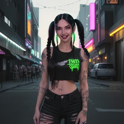 beautiful woman with beautiful smile and beautiful straight white teeth with long black and blonde  hair in high pigtail...