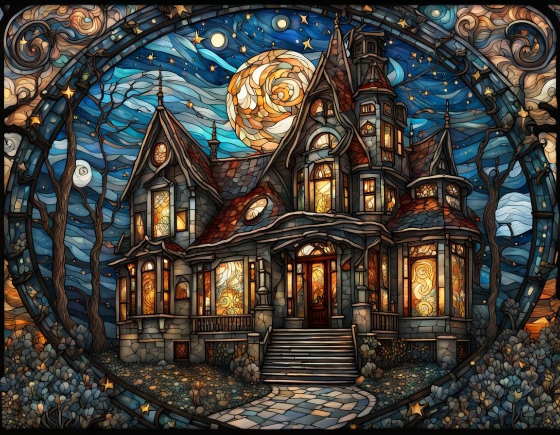 Stained Glass Haunted House in Art Nouveau Style