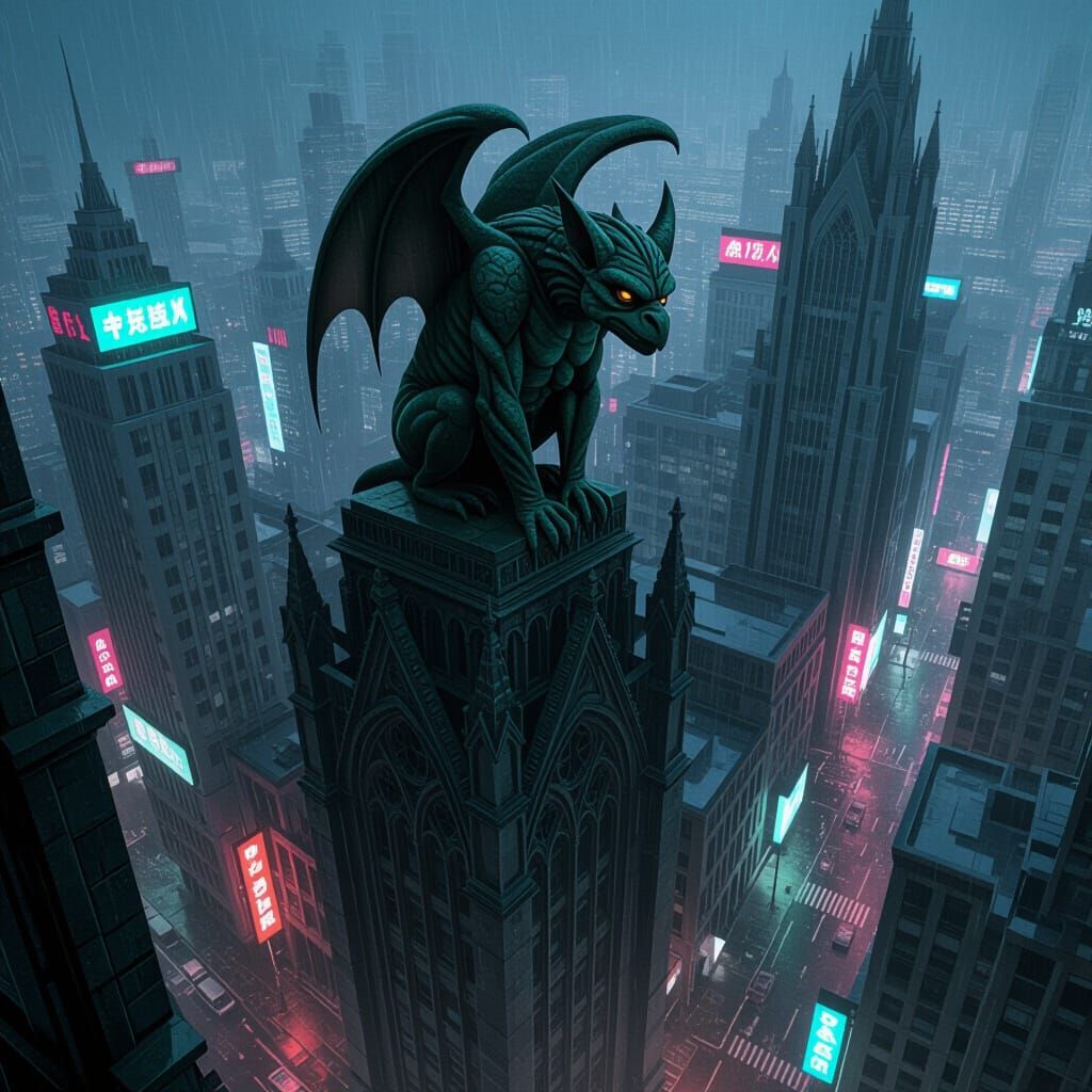Gargoyle on Gothic Skyscraper in Neo-Noir City