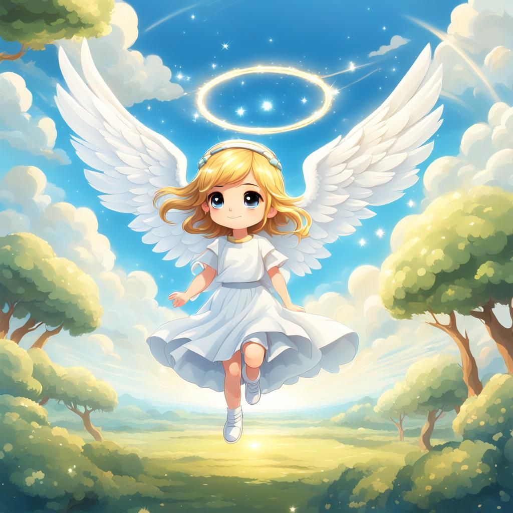 Chibi Angel in Heavenly Blue Sky Cartoon