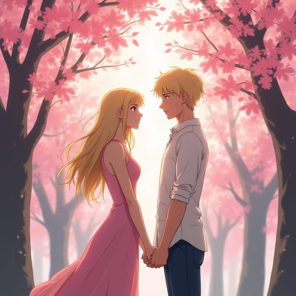 Tender Anime Moment in Vibrant Sakura Park