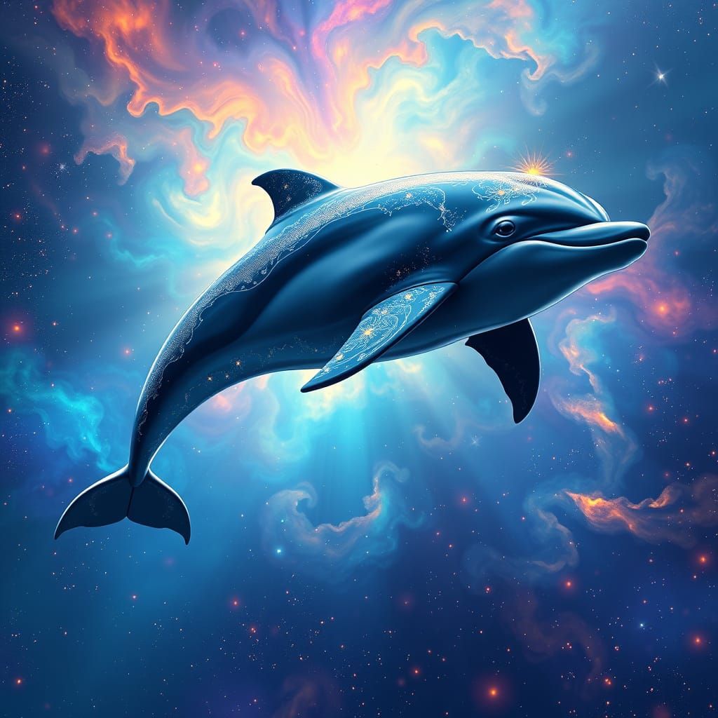 Majestic Dolphin Soars Through Vibrant Galaxy Waters