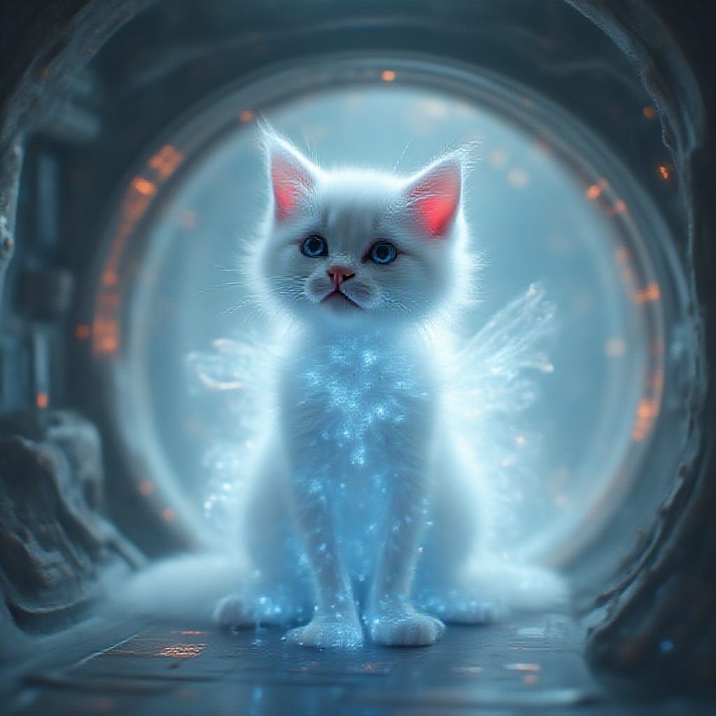 Majestic Cyber White Kitten in Epic Space Odyssey