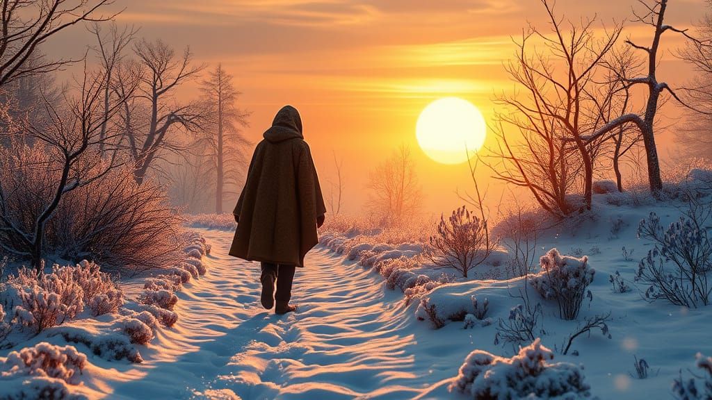 Surreal Winter Wonderland Figure Walks Amidst Frosty Landsca...