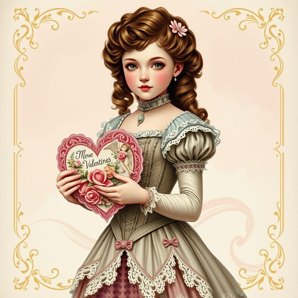Victorian-Era Young Woman Holds Delicate Valentine's Day Car...