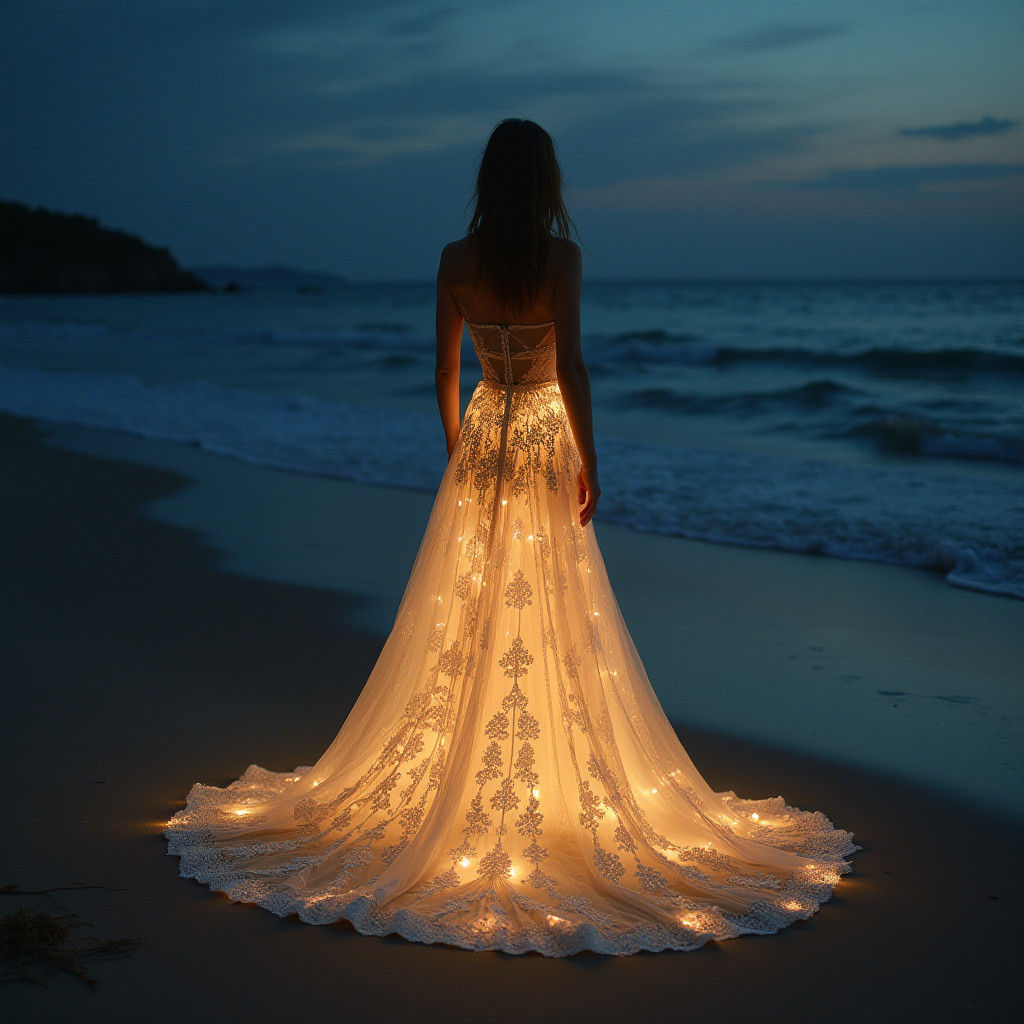 Glowing Gown on a Beach at Dusk
