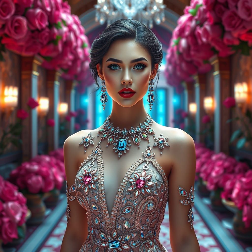 Elegant Woman in Diamond Gown: Matte Painting Style