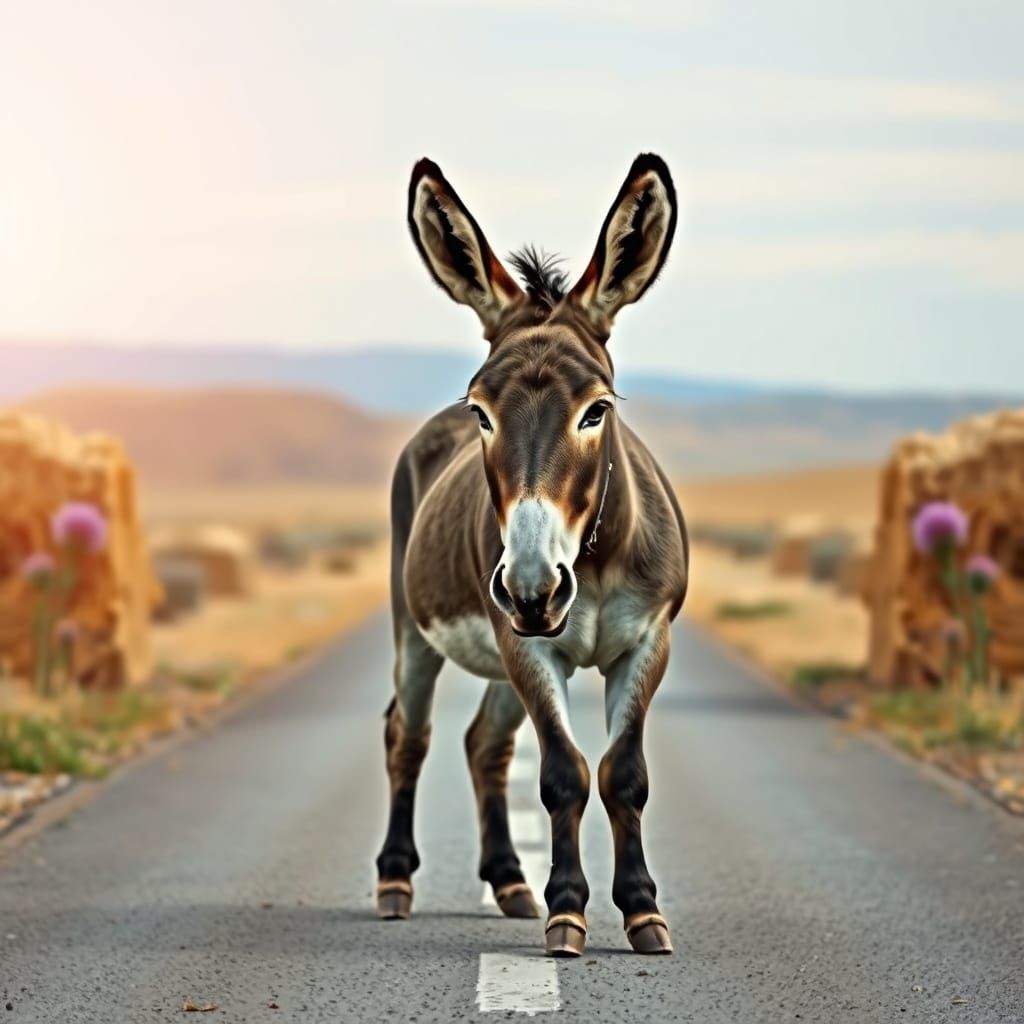 Donkey as Rodin's Thinker on Deserted Road