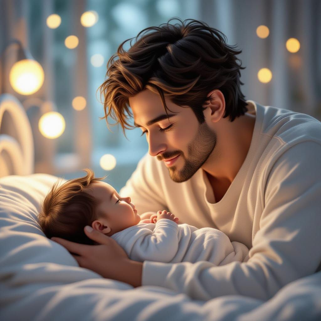 Father's Love: Man Gazes at Newborn in Anime 3D Art