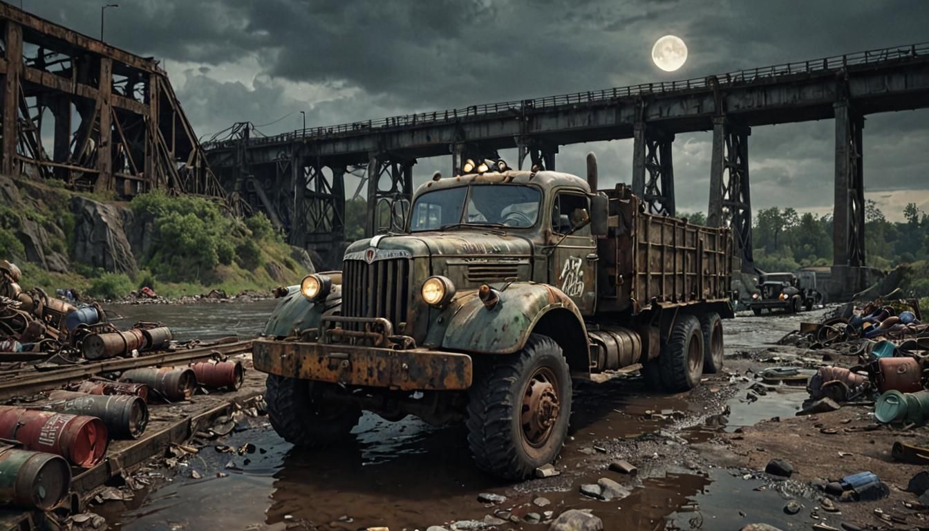 Dieselpunk Wasteland: Ruined Bridge with Mack Truck