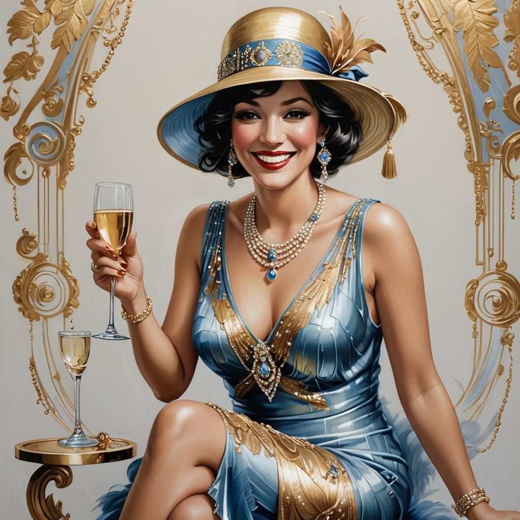 Smiling Lady in Flapper Dress: Realistic Oil Painting