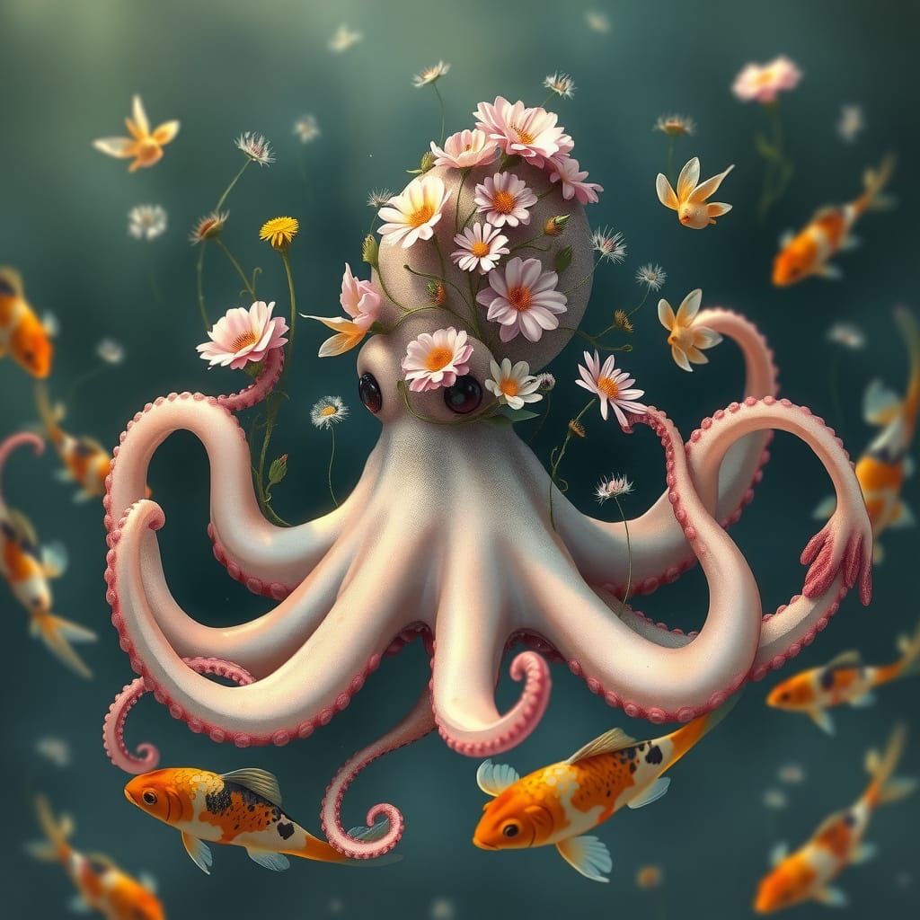 Whimsical Octopus in a Fantastical Garden