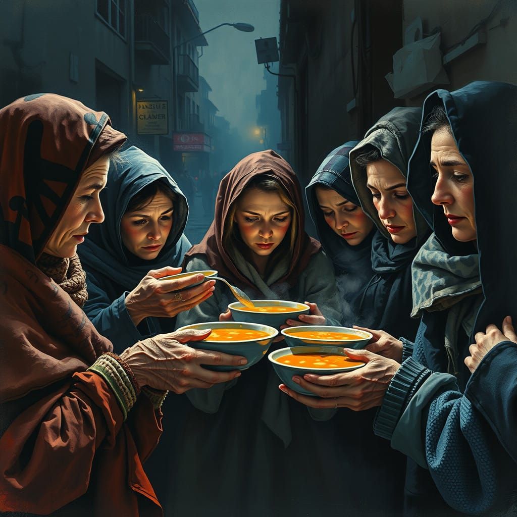 Women in Expressionist Soup Kitchen Scene with Splatter Pain...