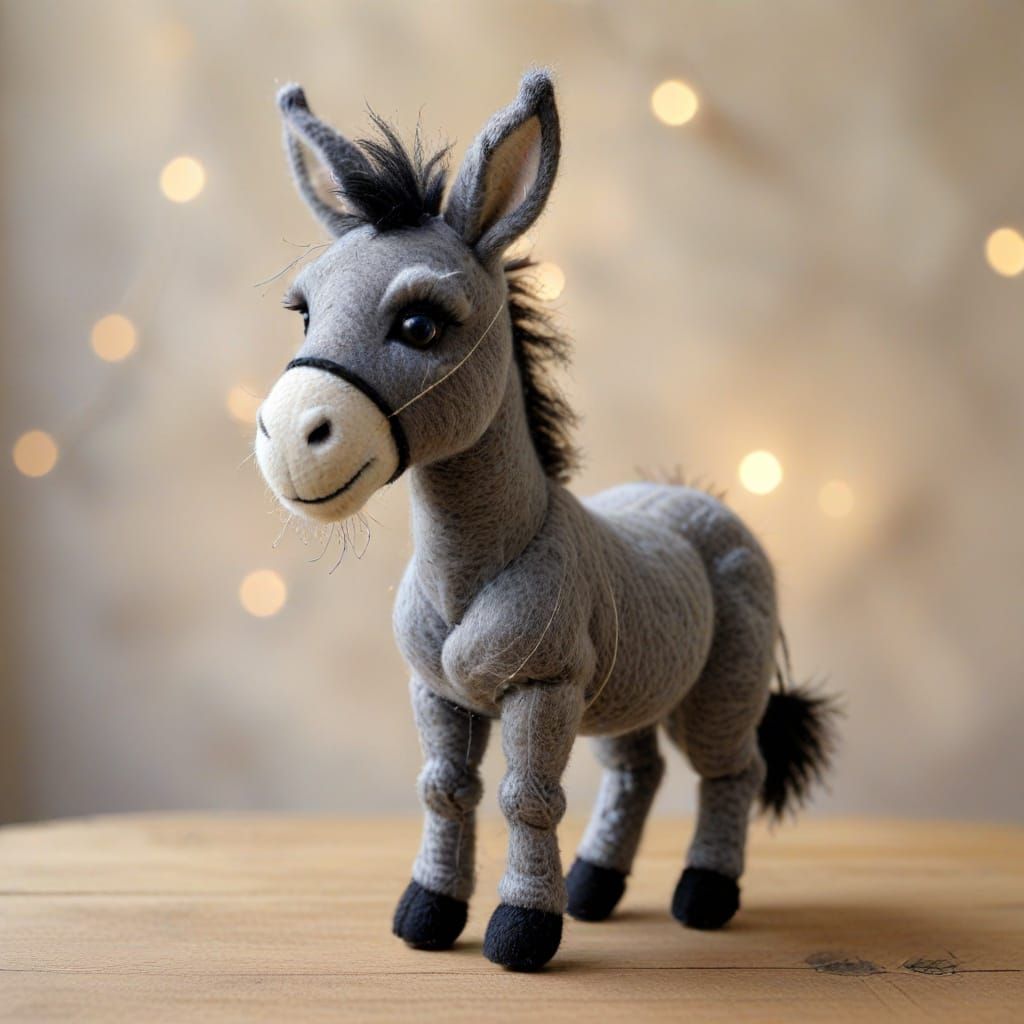 Whimsical Needle-Felted Donkey with Wire Tail