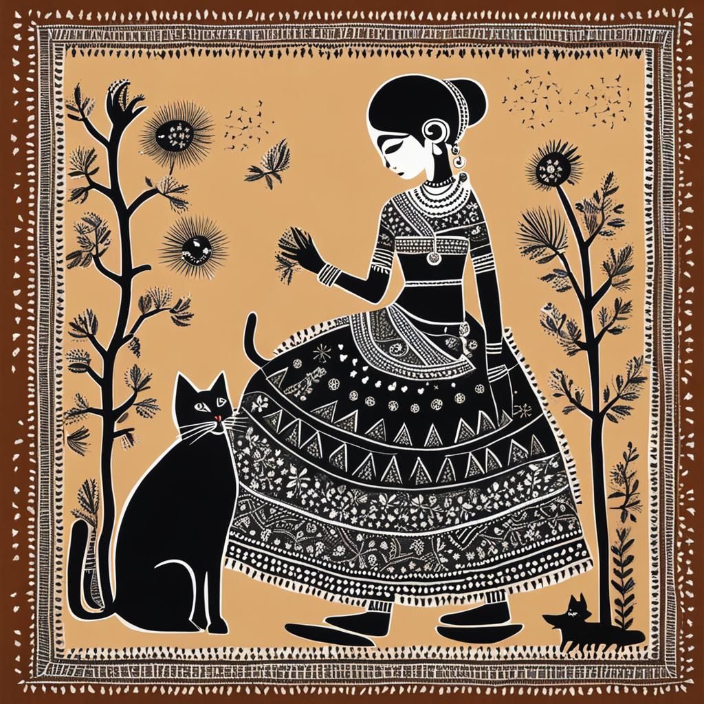 Woman and Cat in Warli Folk Art Style