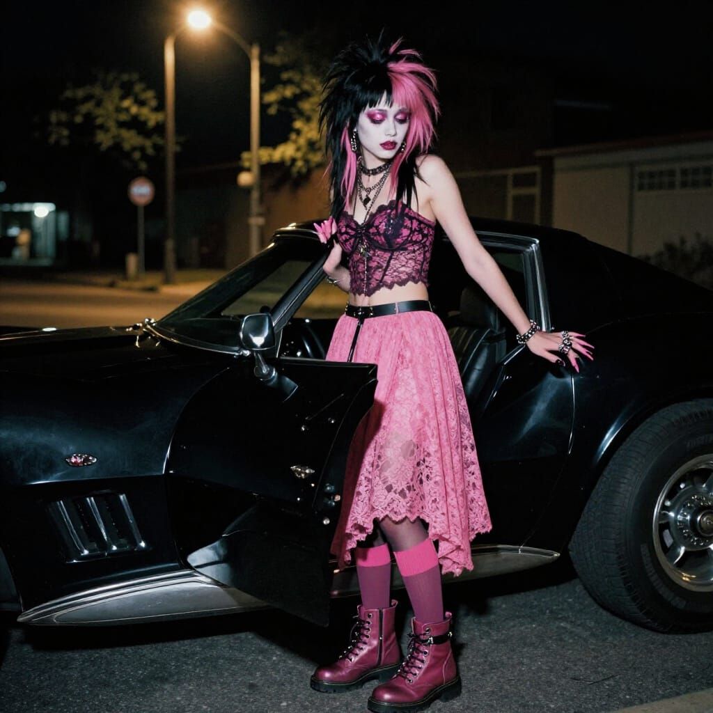 Punk Girl Enters Corvette at Night