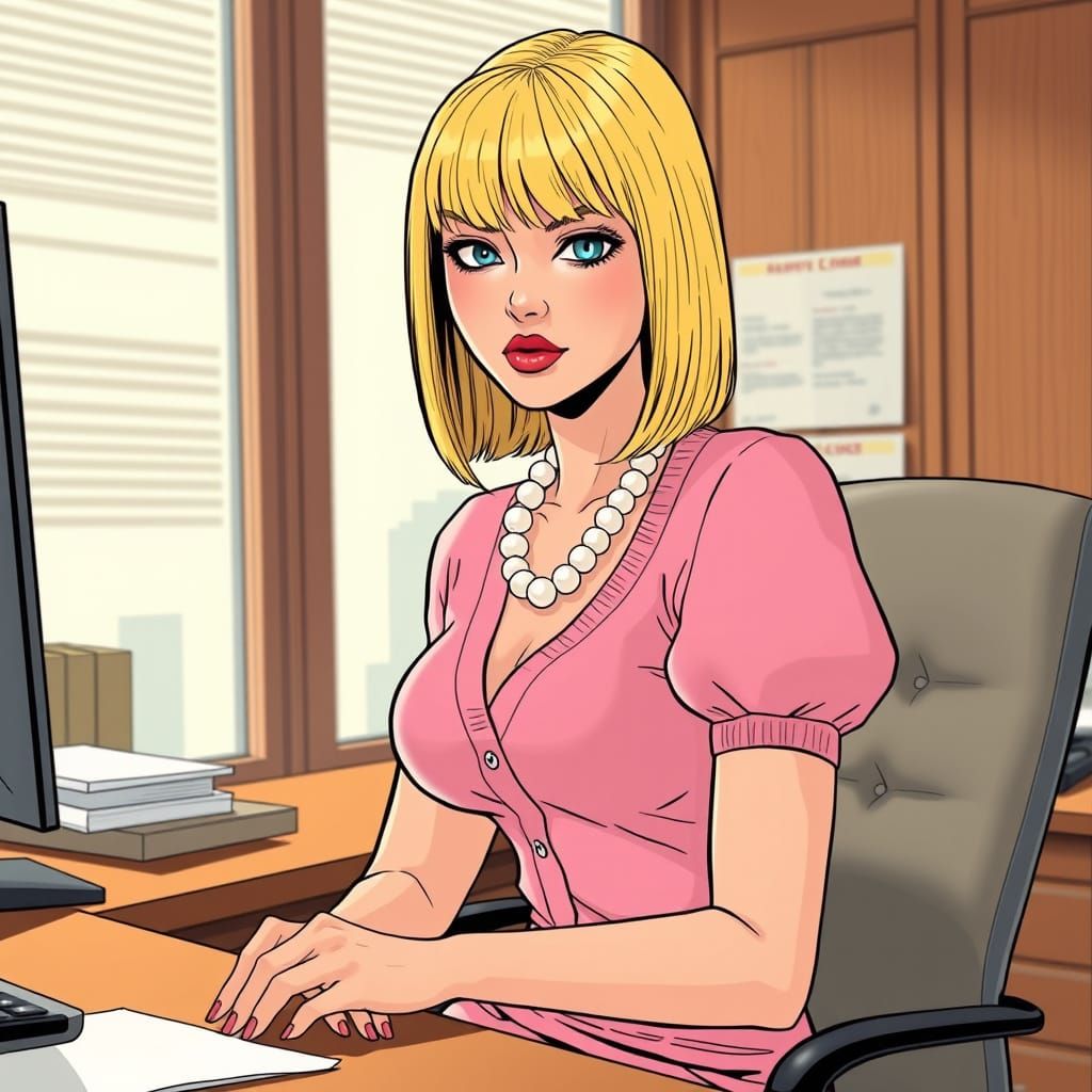 Ultra-Feminine Office Scene in Franco-Belgian Comic Style