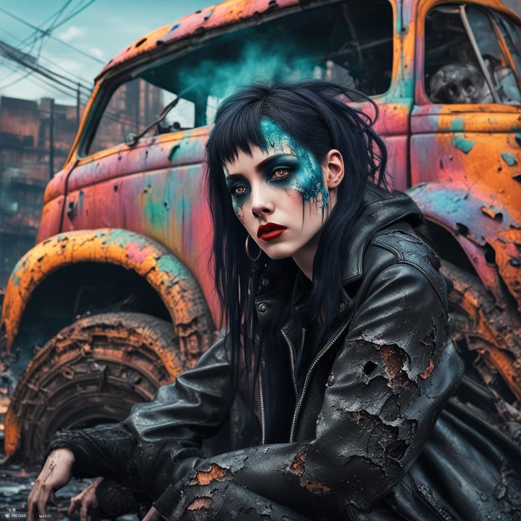 Goth Model Portrait in Decayed City, Hyperrealistic Style