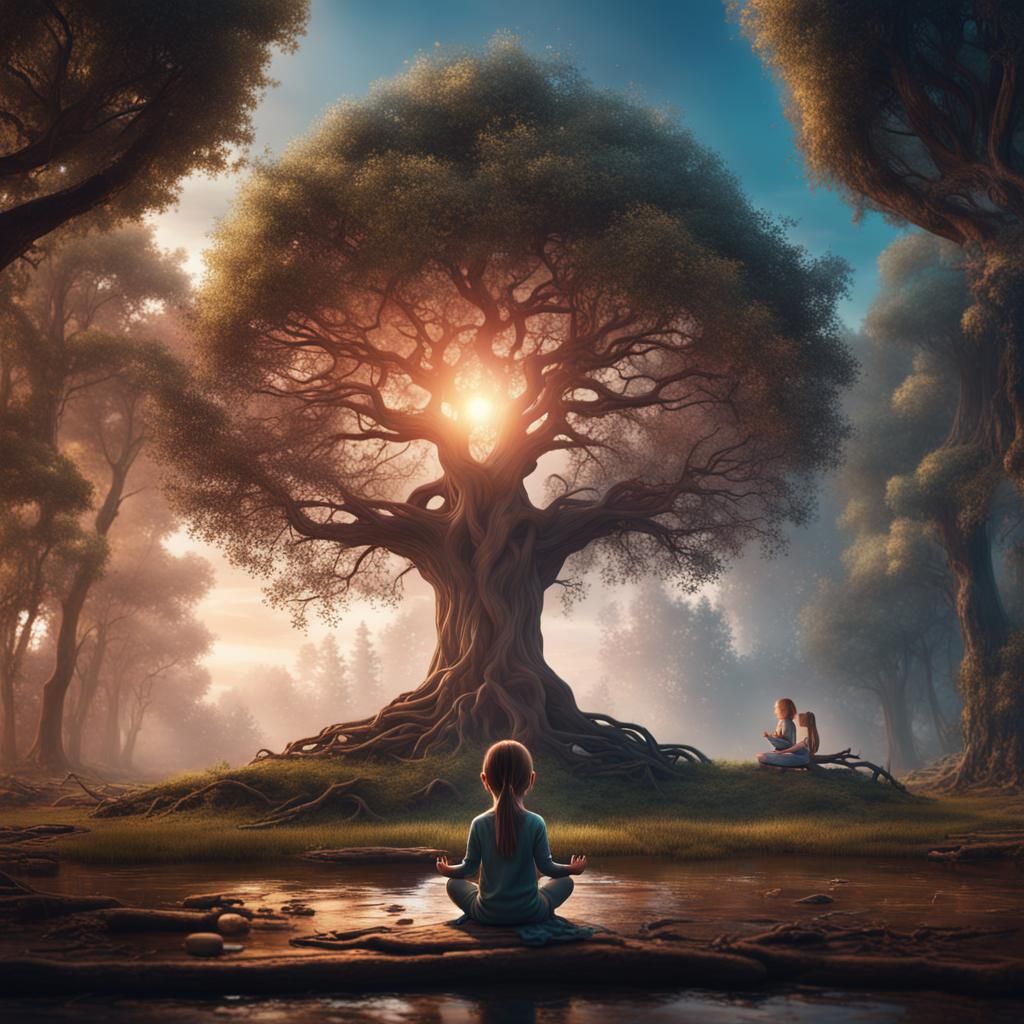 Mysterious Girl Meditating Before Life Tree in Matte Paintin...