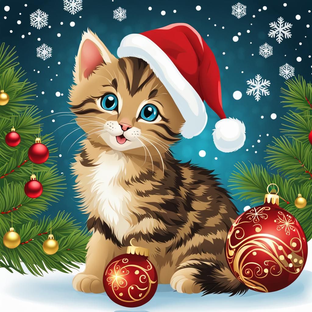 Festive Tabby Kitten Christmas Clipart