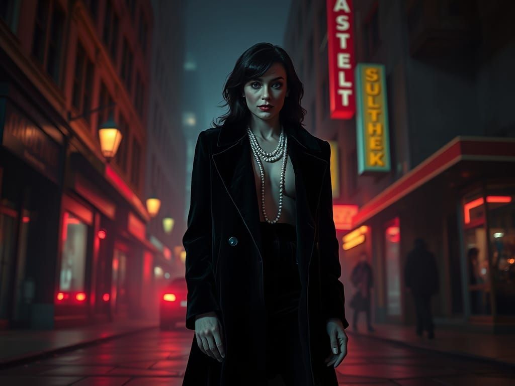 Femme Fatale in Smoky Film Noir Cityscape